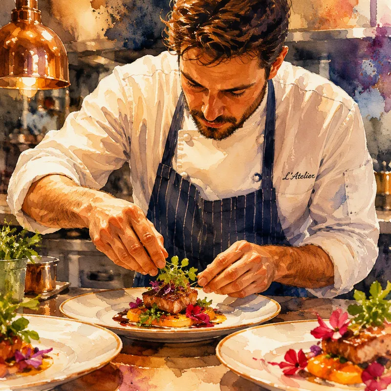 Ammattilaiskokki valmistamassa gourmet-annoksia ravintolan keittiössä Ammattilaiskokki valmistamassa gourmet-annoksia ravintolan keittiössä