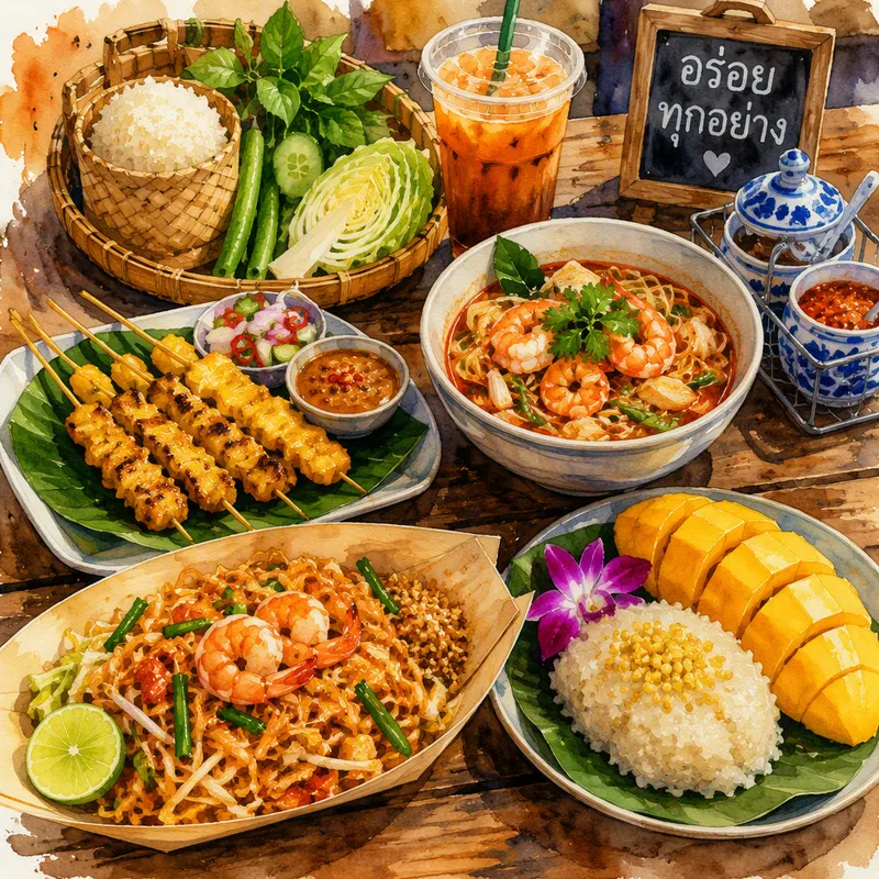 Erilaisia thaimaalaisia ruoka-annoksia tarjoiltuna Erilaisia thaimaalaisia ruoka-annoksia tarjoiltuna