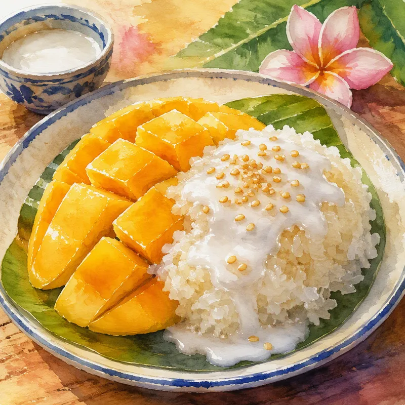 Mango sticky rice -jälkiruoka kookosmaidolla ja seesaminsiemenillä