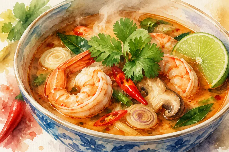 Höyryävä Tom Yum -keitto tuoreilla yrteillä ja chileillä