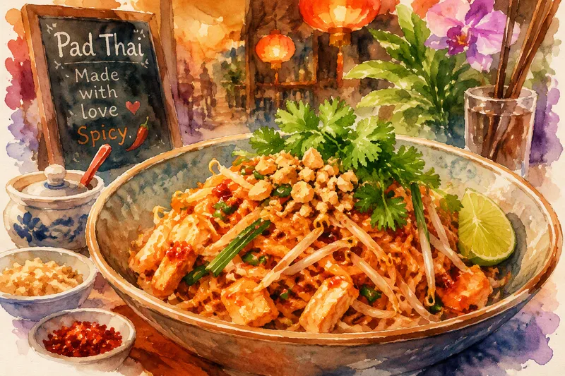 Thaimaalainen Pad Thai -annos lautasella Thaimaalainen Pad Thai -annos lautasella