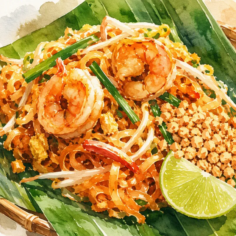 Perinteinen Pad Thai -nuudeliannos banaani-lehden päällä Perinteinen Pad Thai -nuudeliannos banaani-lehden päällä