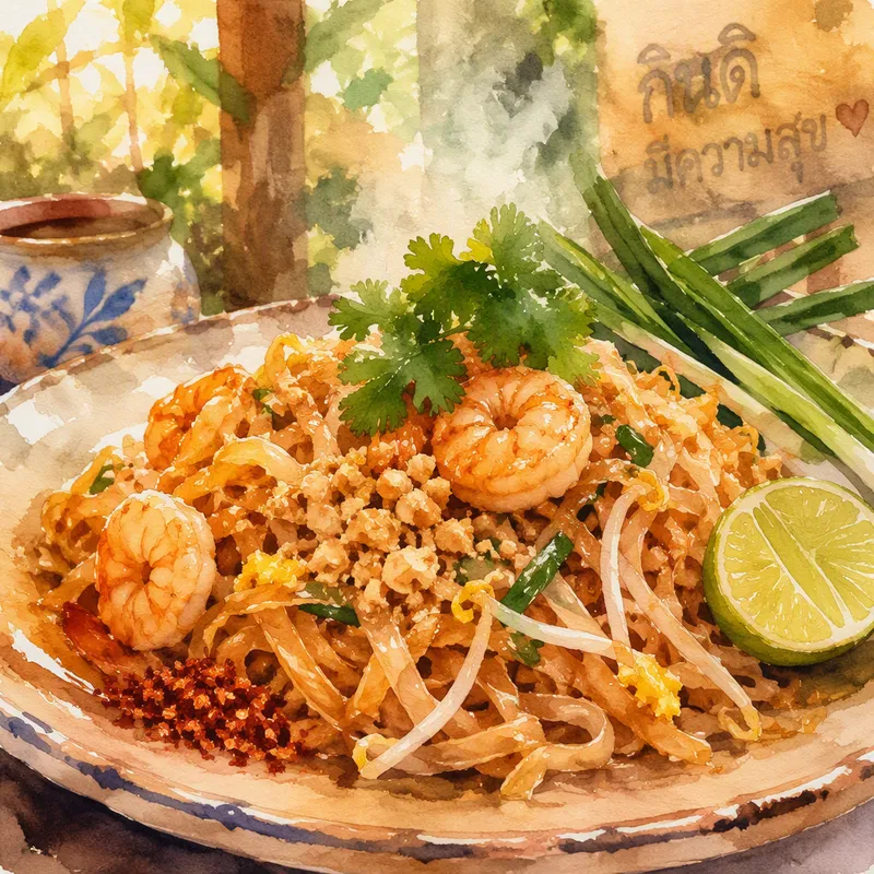 Herkullinen annos perinteistä thaimaalaista Pad Thai -nuudeliannosta Herkullinen annos perinteistä thaimaalaista Pad Thai -nuudeliannosta