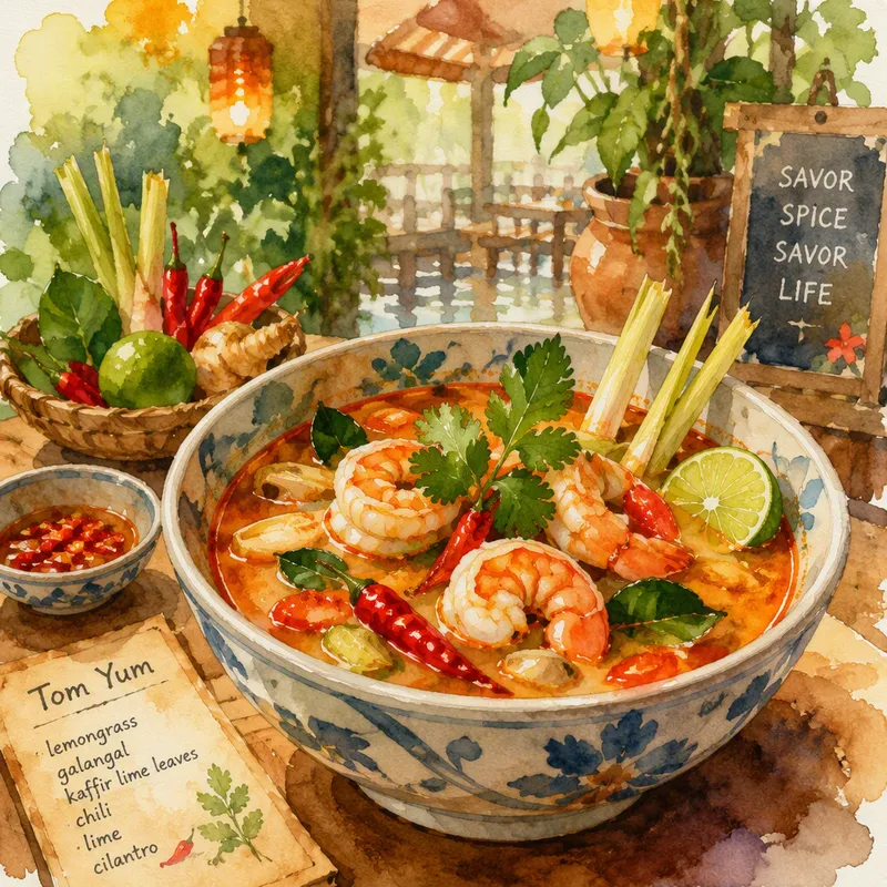 Tulinen ja mausteinen Tom Yum -keitto tarjoiltuna Tulinen ja mausteinen Tom Yum -keitto tarjoiltuna