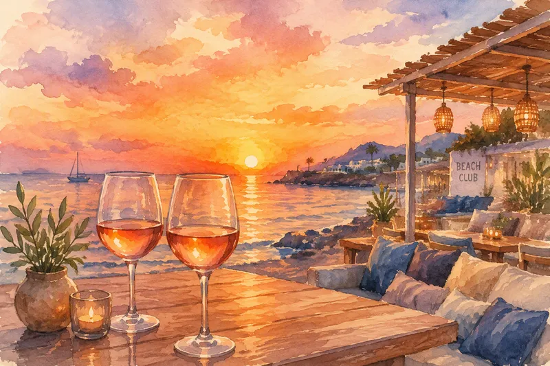 Viinilasit auringonlaskun aikaan rannalla Viinilasit auringonlaskun aikaan rannalla