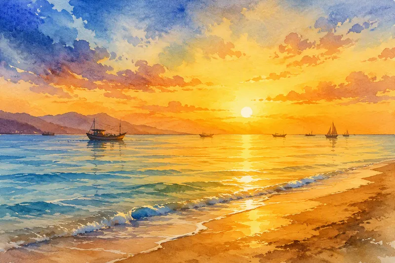Kultainen auringonlasku meren yllä ja siluetteja veneistä Kultainen auringonlasku meren yllä ja siluetteja veneistä