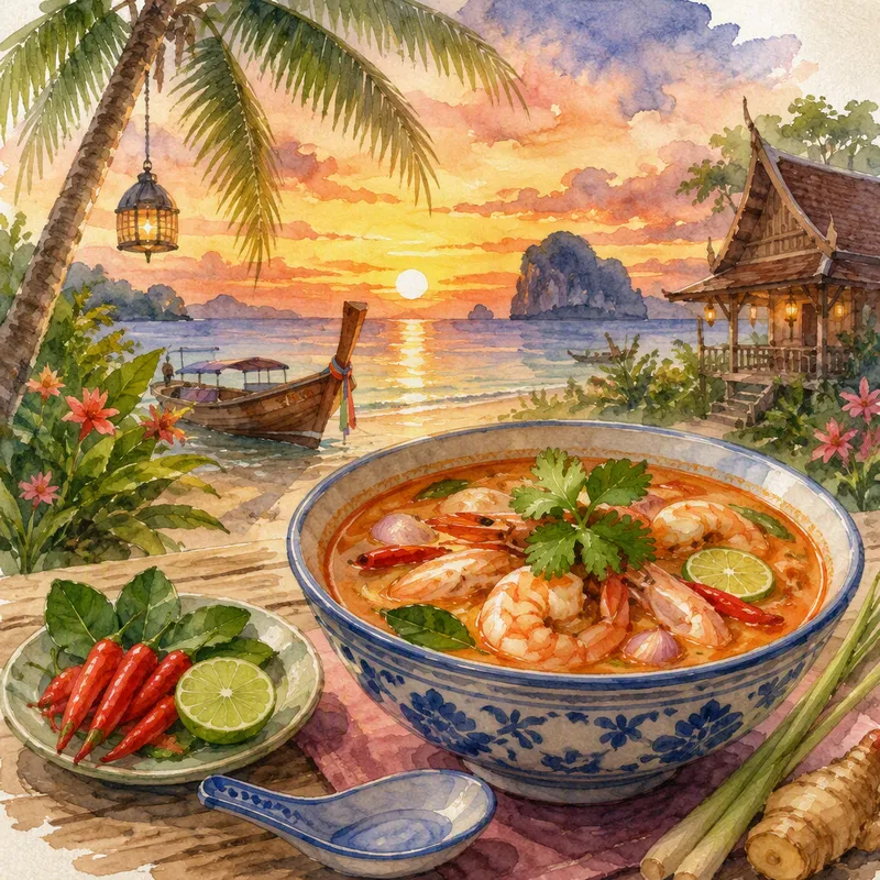 Tulinen Tom Yum -keitto kulhossa koristeltuna tuoreella korianterilla Tulinen Tom Yum -keitto kulhossa koristeltuna tuoreella korianterilla