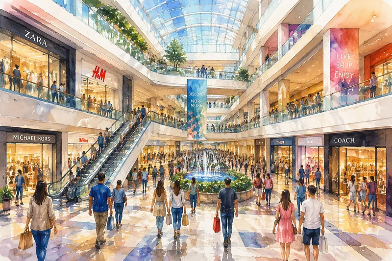 Moderni ostoskeskuksen atrium ja kerrokset