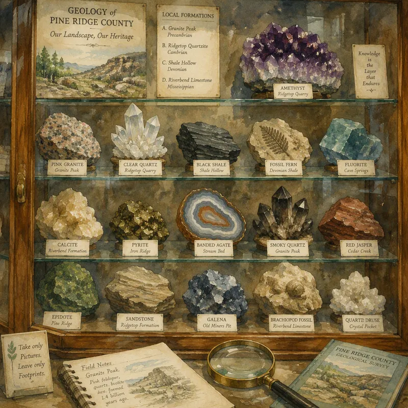 Luonnonhistoriallisia geologisia näytteitä vitriinissä Luonnonhistoriallisia geologisia näytteitä vitriinissä