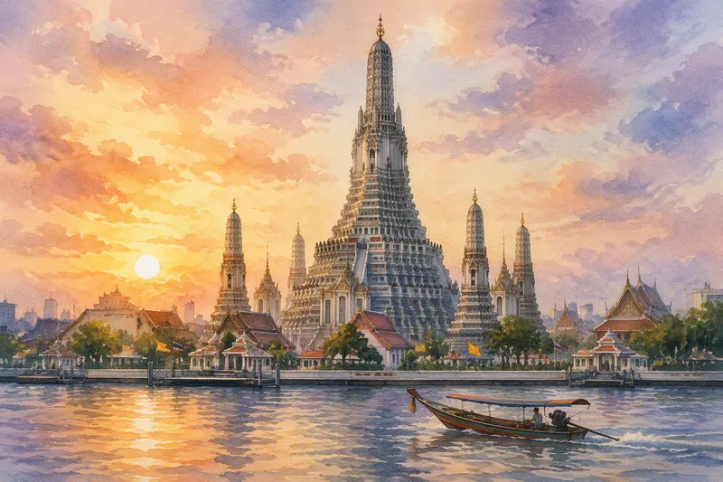 Wat Arunin temppeli Chao Phraya -joen rannalla auringonnousun aikaan Wat Arunin temppeli Chao Phraya -joen rannalla auringonnousun aikaan
