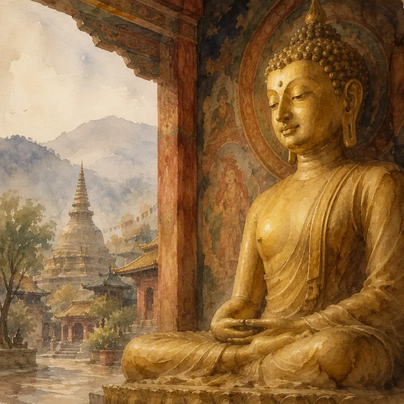 Kultainen Buddha-patsas temppelin sisätiloissa Kultainen Buddha-patsas temppelin sisätiloissa