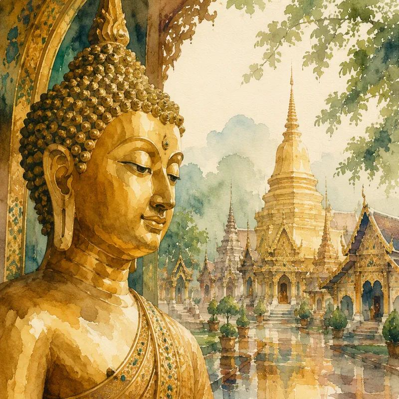 Kultainen buddhalaispatsas temppelin rauhallisessa sisätilassa