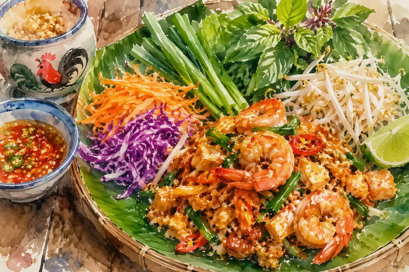 Perinteisiä thaimaalaisia ruoka-annoksia ja tuoreita raaka-aineita Perinteisiä thaimaalaisia ruoka-annoksia ja tuoreita raaka-aineita